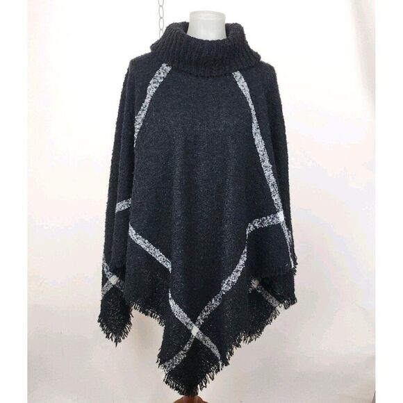 Chicos Black Plaid Boucle Textured Cape Sweater Poncho Turtleneck L/XL - Picture 1 of 7